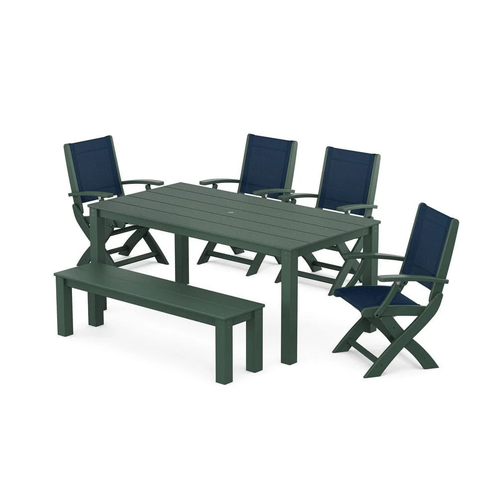 POLYWOOD® - Coastal Folding Chair 6-Piece Parsons Dining Set with Bench - PWS2272 - Image 44