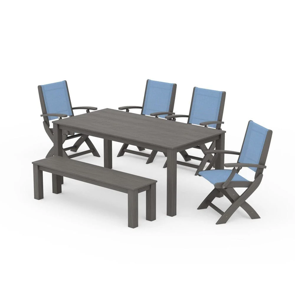 POLYWOOD® - Coastal Folding Chair 6-Piece Parsons Dining Set with Bench - PWS2272 - Image 60