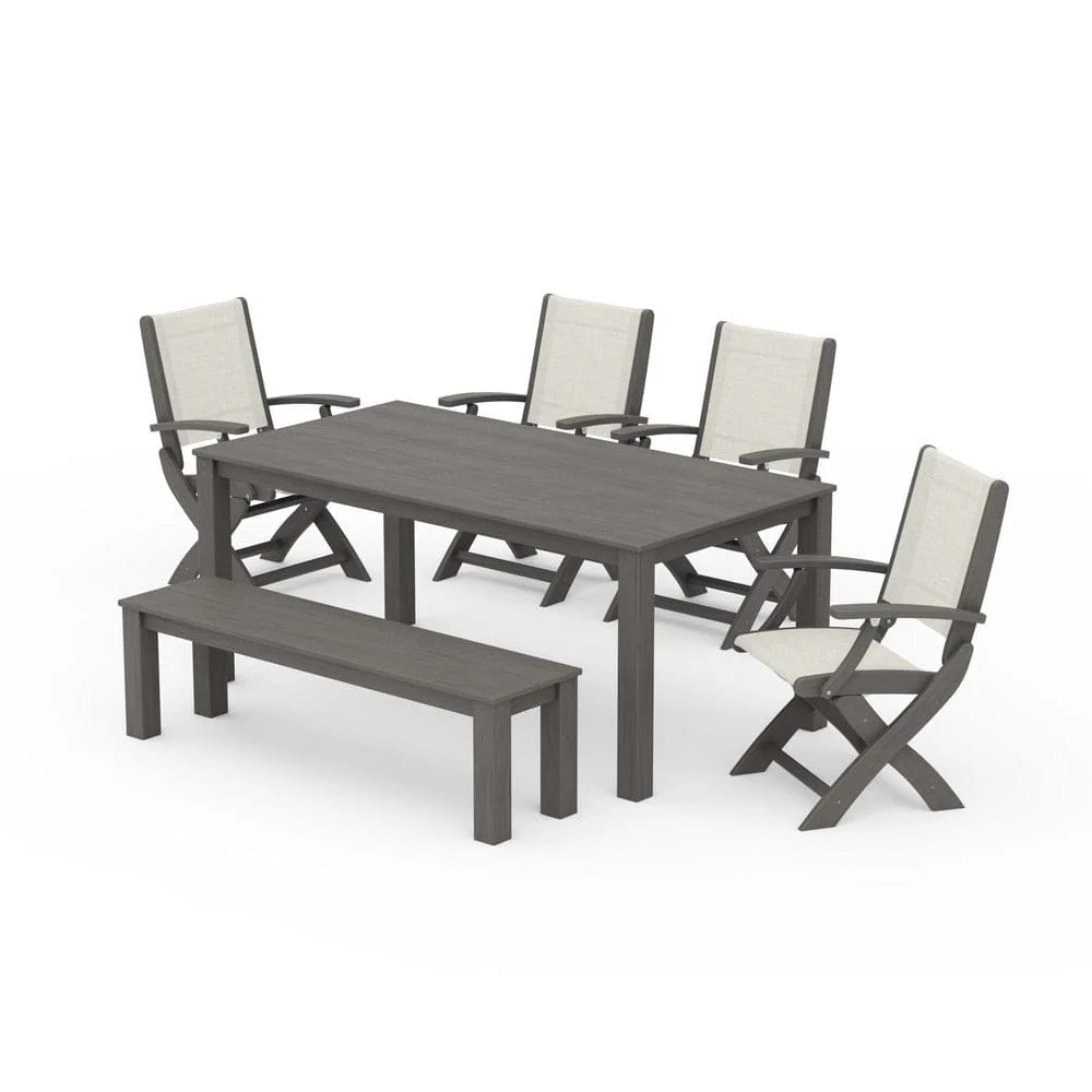 POLYWOOD® - Coastal Folding Chair 6-Piece Parsons Dining Set with Bench - PWS2272 - Image 79