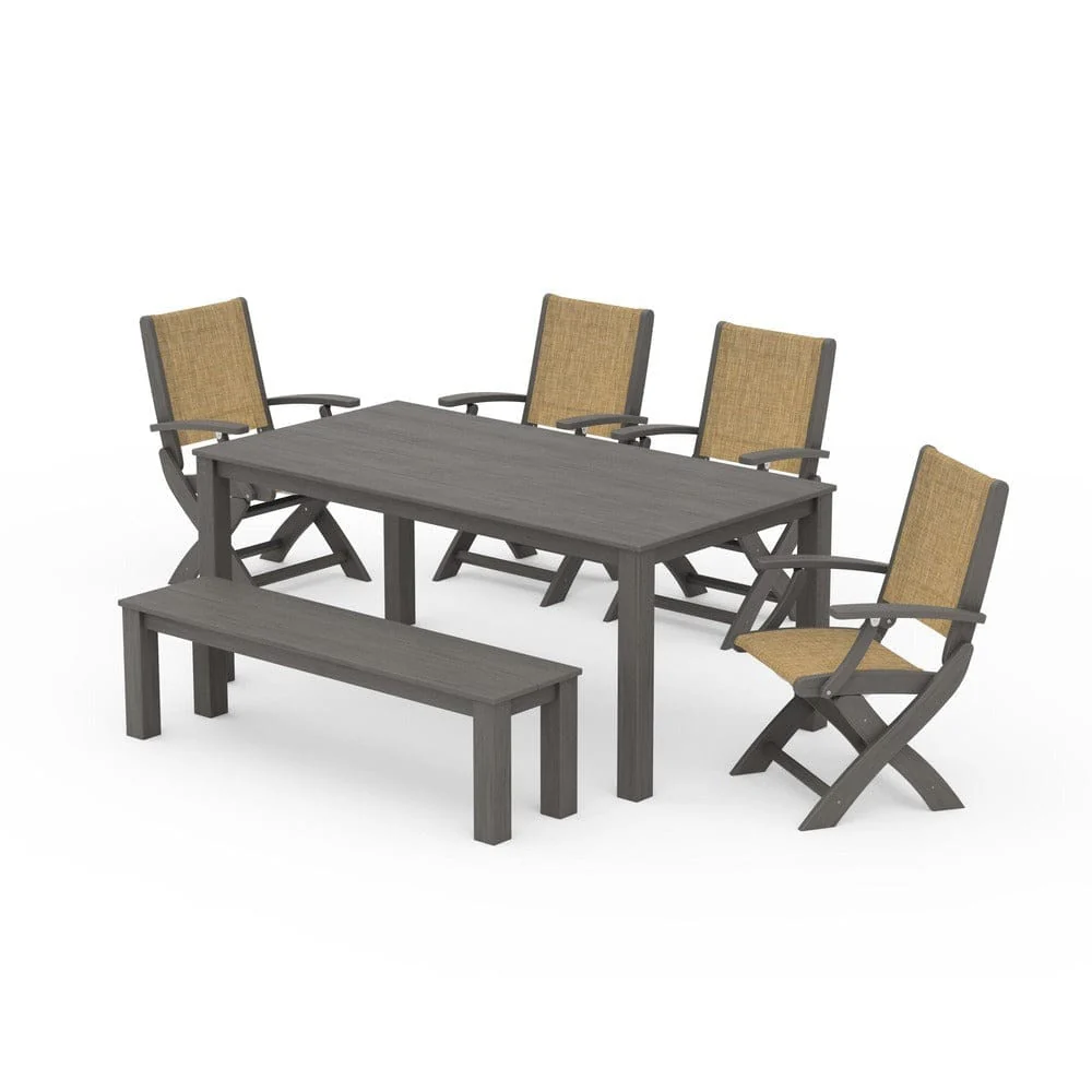 POLYWOOD® - Coastal Folding Chair 6-Piece Parsons Dining Set with Bench - PWS2272 - Image 80