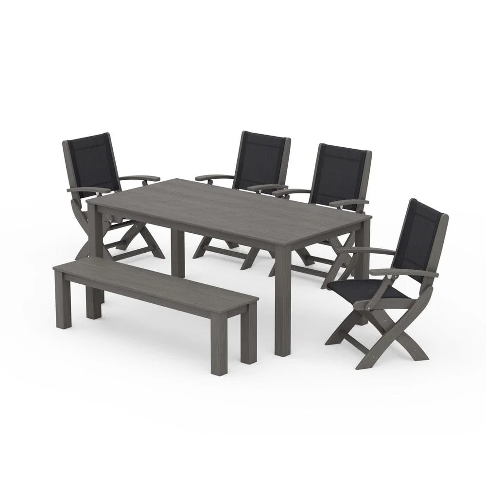 POLYWOOD® - Coastal Folding Chair 6-Piece Parsons Dining Set with Bench - PWS2272 - Image 91