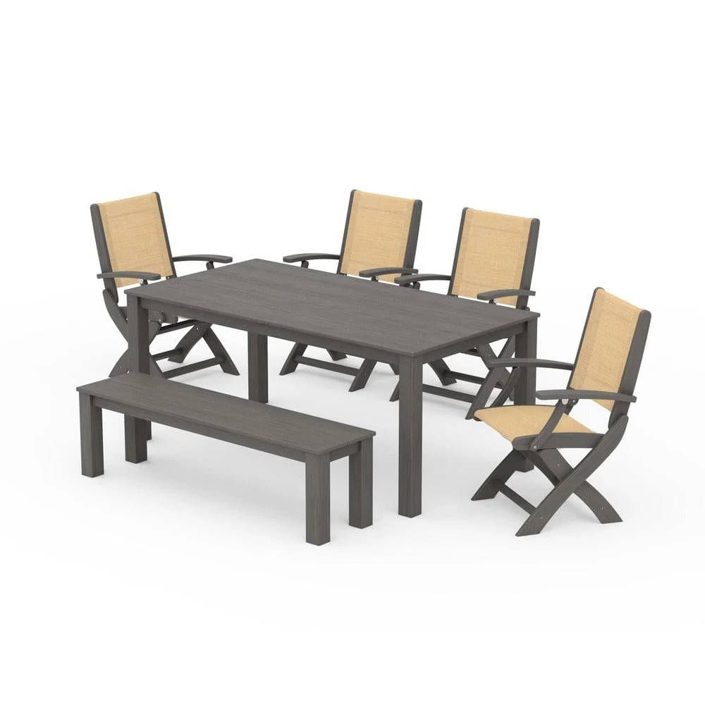 POLYWOOD® - Coastal Folding Chair 6-Piece Parsons Dining Set with Bench - PWS2272 - Image 92