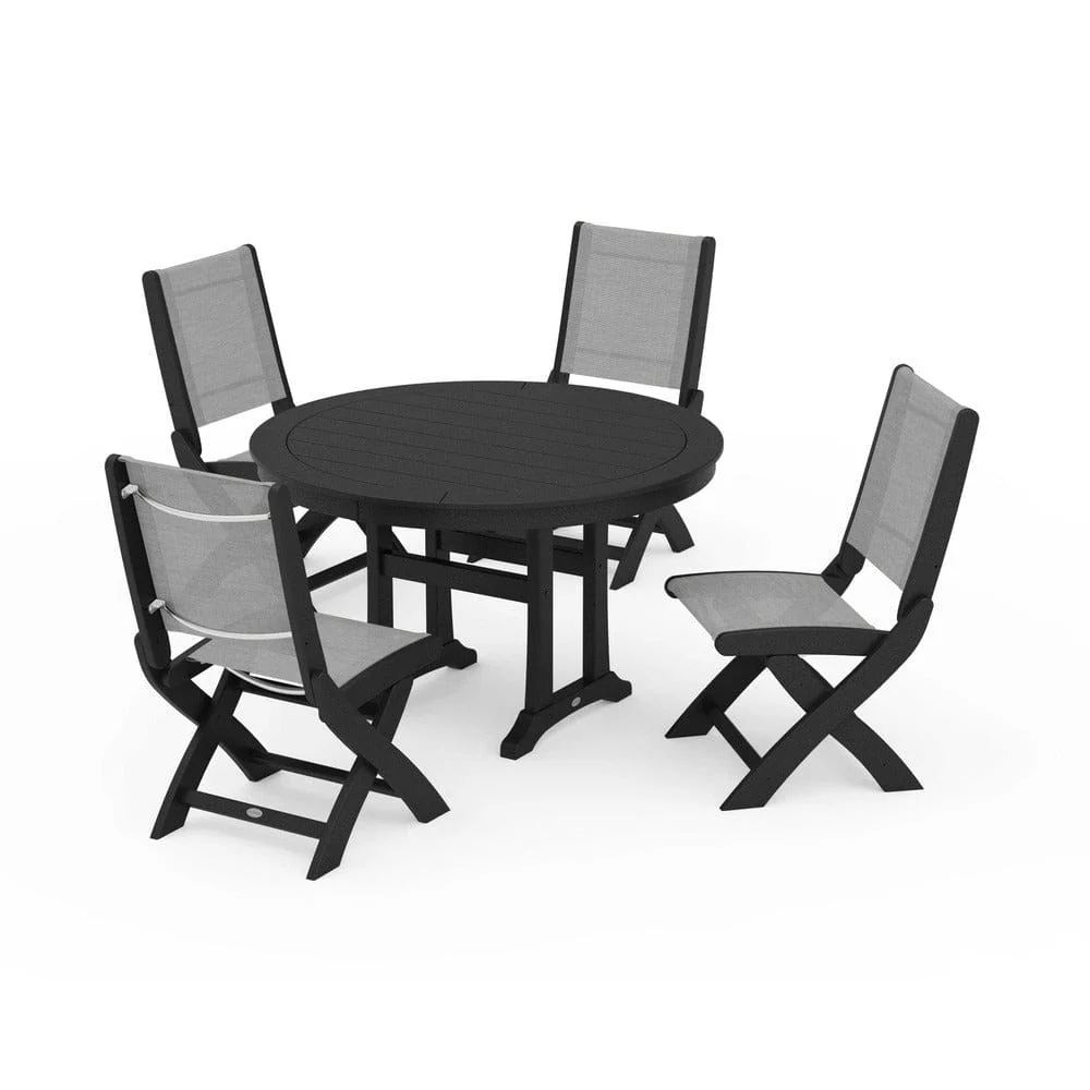 POLYWOOD® - Coastal Folding Side Chair 5-Piece Round Dining Set With Trestle Legs - PWS1121 - Image 103