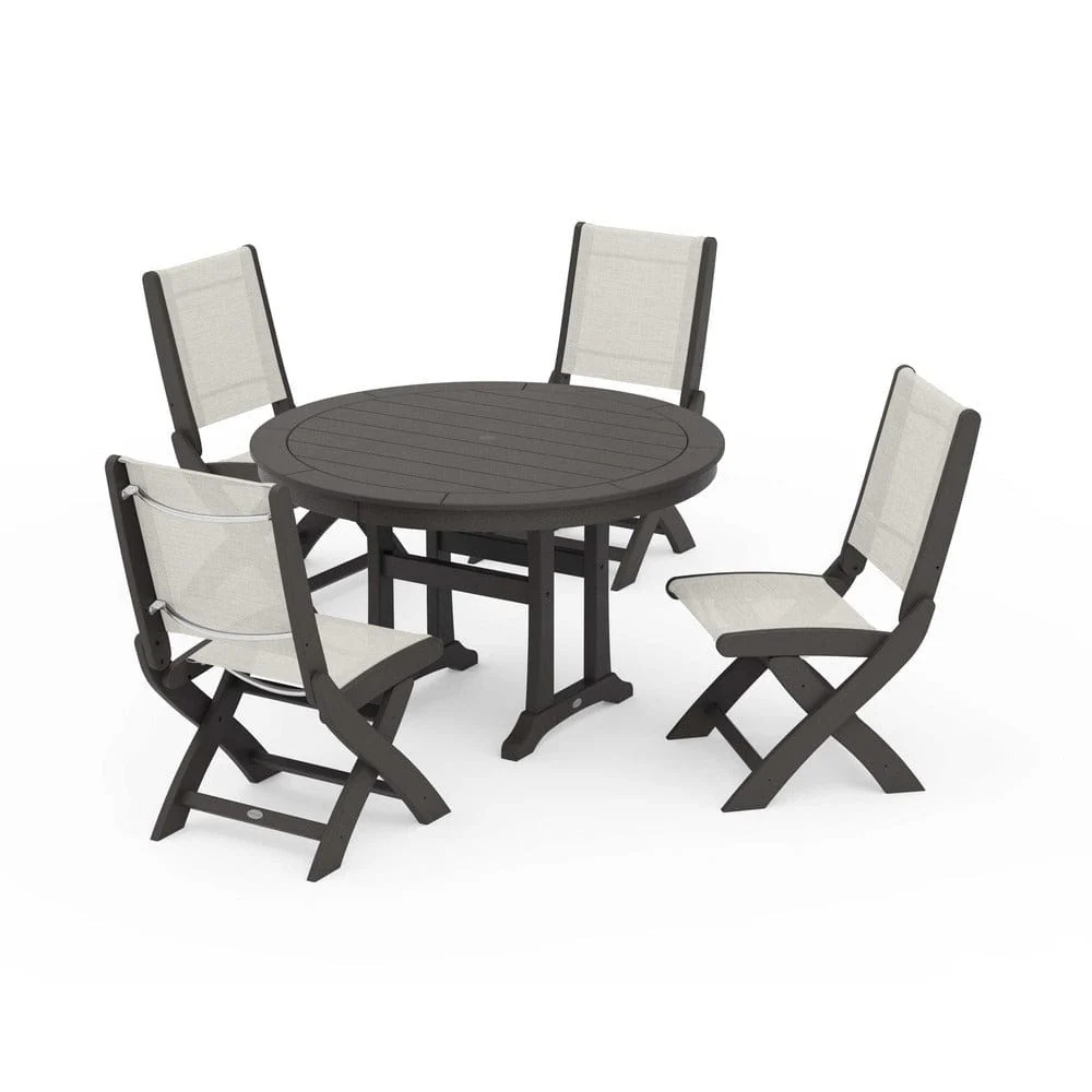 POLYWOOD® - Coastal Folding Side Chair 5-Piece Round Dining Set With Trestle Legs - PWS1121 - Image 129