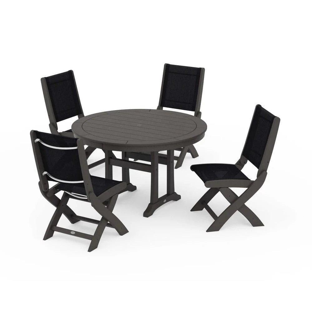 POLYWOOD® - Coastal Folding Side Chair 5-Piece Round Dining Set With Trestle Legs - PWS1121 - Image 130