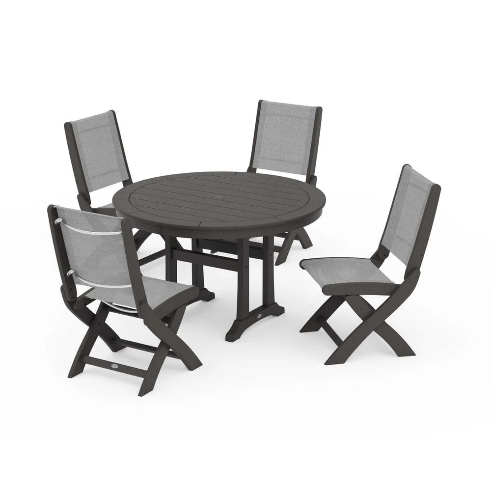 POLYWOOD® - Coastal Folding Side Chair 5-Piece Round Dining Set With Trestle Legs - PWS1121 - Image 131