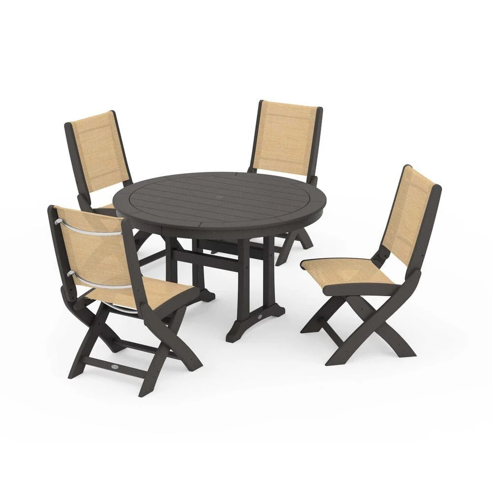 POLYWOOD® - Coastal Folding Side Chair 5-Piece Round Dining Set With Trestle Legs - PWS1121 - Image 133