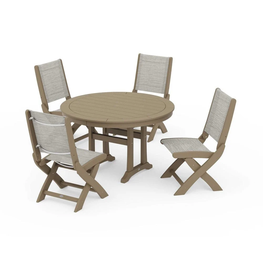 POLYWOOD® - Coastal Folding Side Chair 5-Piece Round Dining Set With Trestle Legs - PWS1121 - Image 134