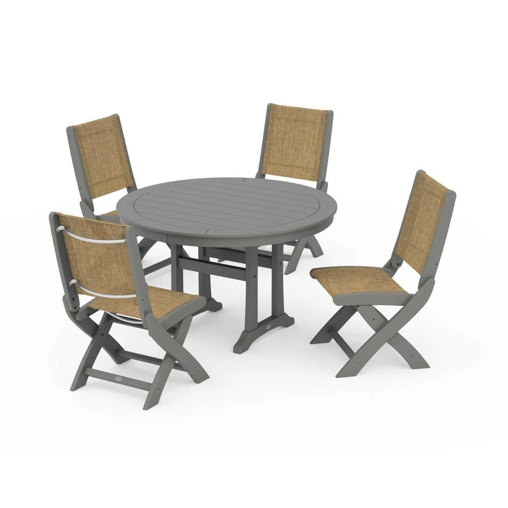 POLYWOOD® - Coastal Folding Side Chair 5-Piece Round Dining Set With Trestle Legs - PWS1121 - Image 21