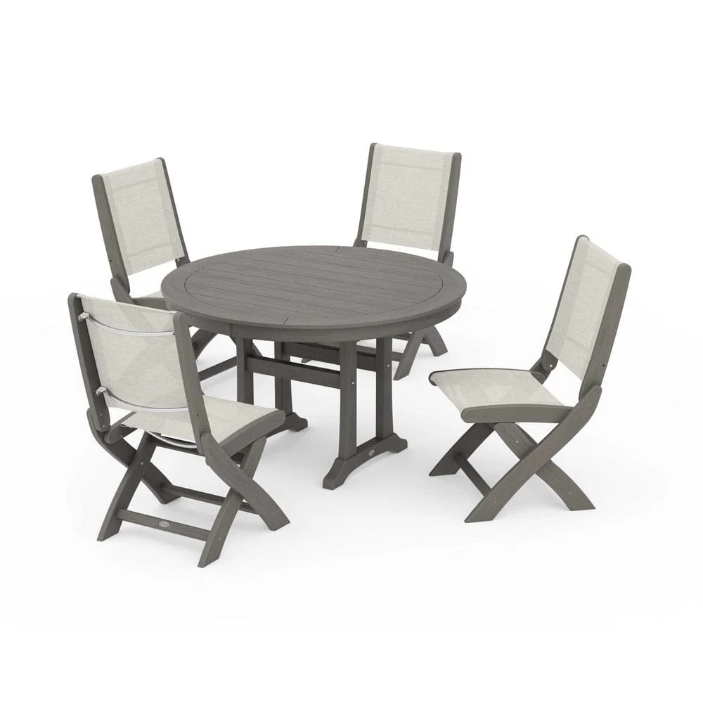 POLYWOOD® - Coastal Folding Side Chair 5-Piece Round Dining Set With Trestle Legs - PWS1121 - Image 5