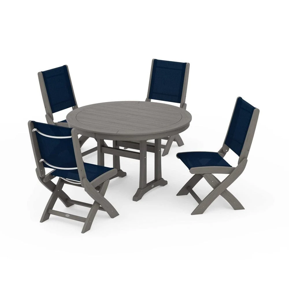 POLYWOOD® - Coastal Folding Side Chair 5-Piece Round Dining Set With Trestle Legs - PWS1121 - Image 77