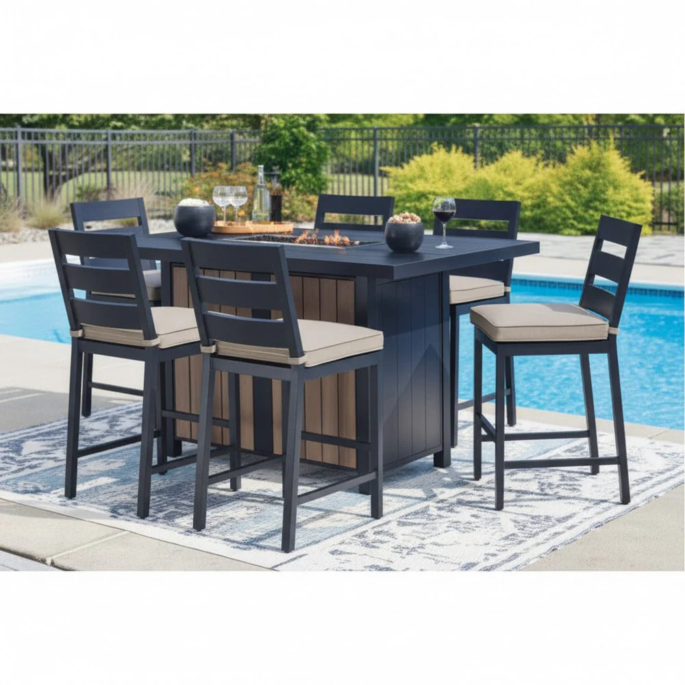 Ashley Furniture Mabry Shores Outdoor Fire Pit Table and 6 Barstools