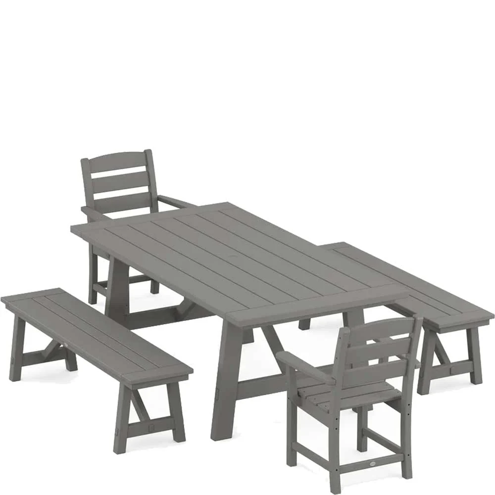 POLYWOOD® Lakeside 5-Piece Rustic Farmhouse Dining Set With Benches - PWS1085-1 - Image 2