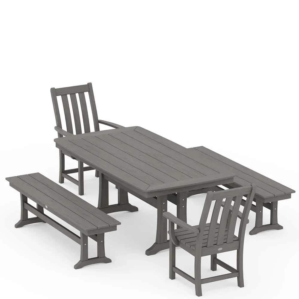 POLYWOOD® Vineyard 5-Piece Dining Set with Benches and Trestle Legs - PWS1064-1 - Image 14
