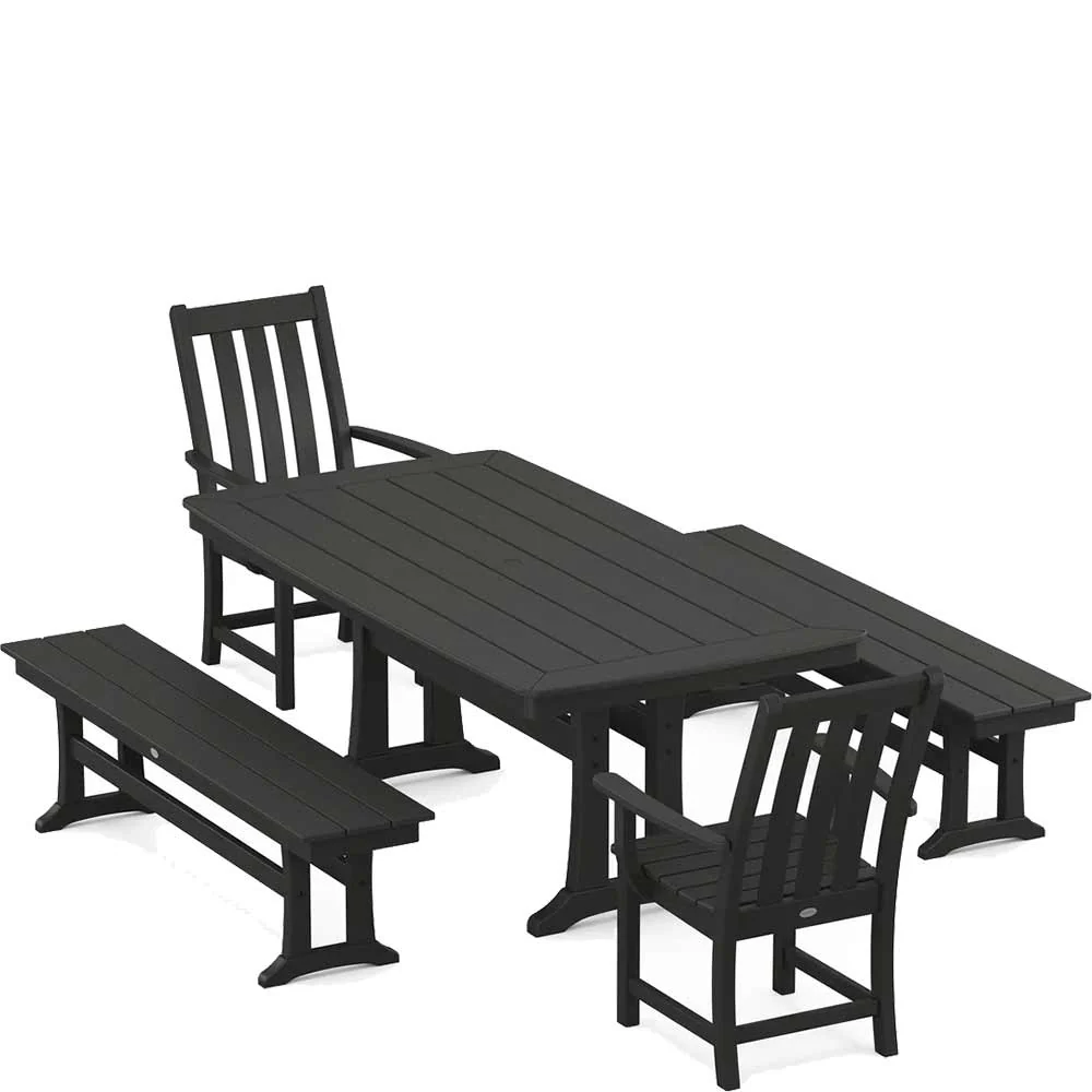 POLYWOOD® Vineyard 5-Piece Dining Set with Benches and Trestle Legs - PWS1064-1 - Image 3