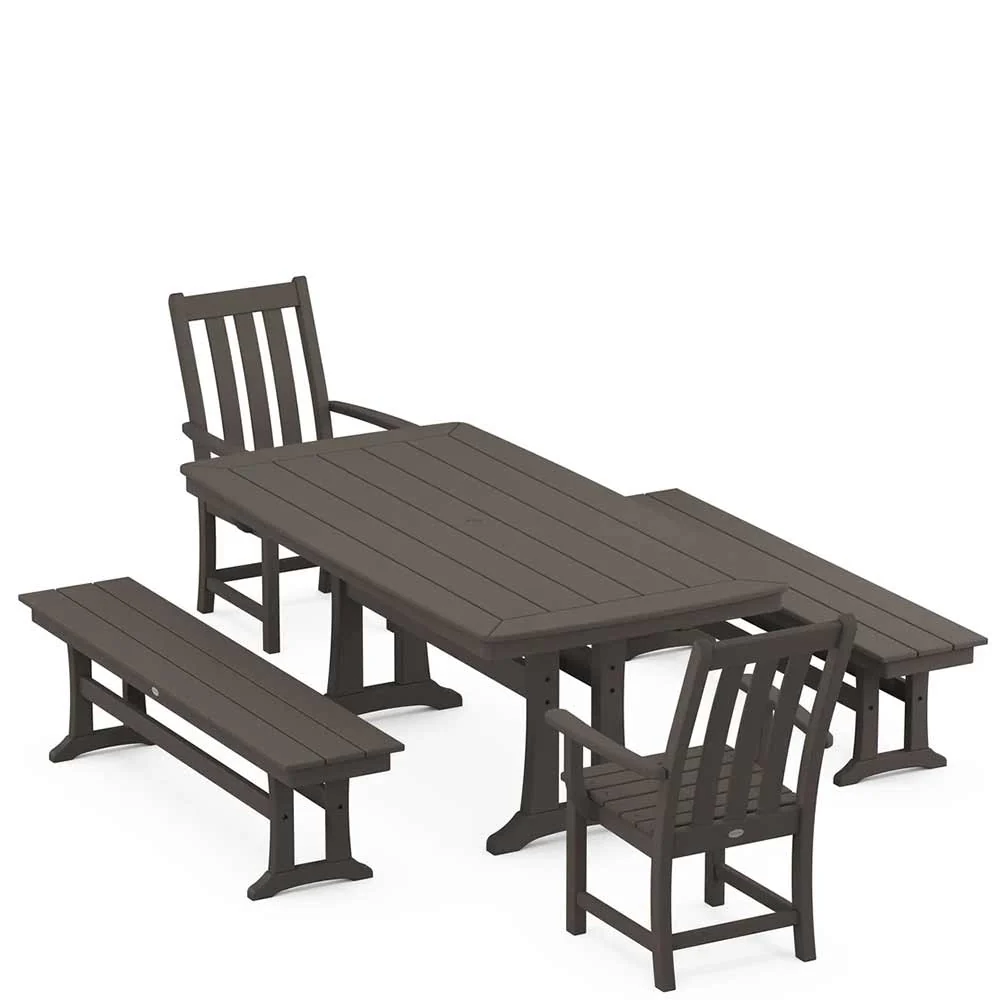 POLYWOOD® Vineyard 5-Piece Dining Set with Benches and Trestle Legs - PWS1064-1 - Image 9