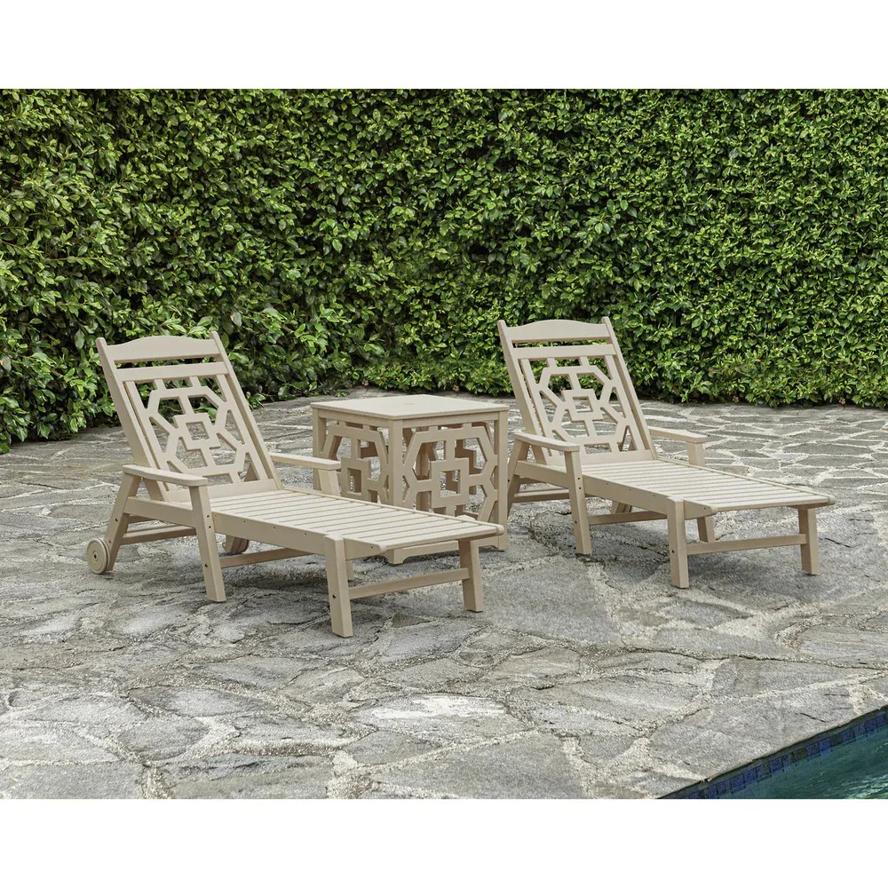 POLYWOOD® Chinoiserie 3-Piece Chaise Set with Umbrella Stand Accent Table - PWS2435-1