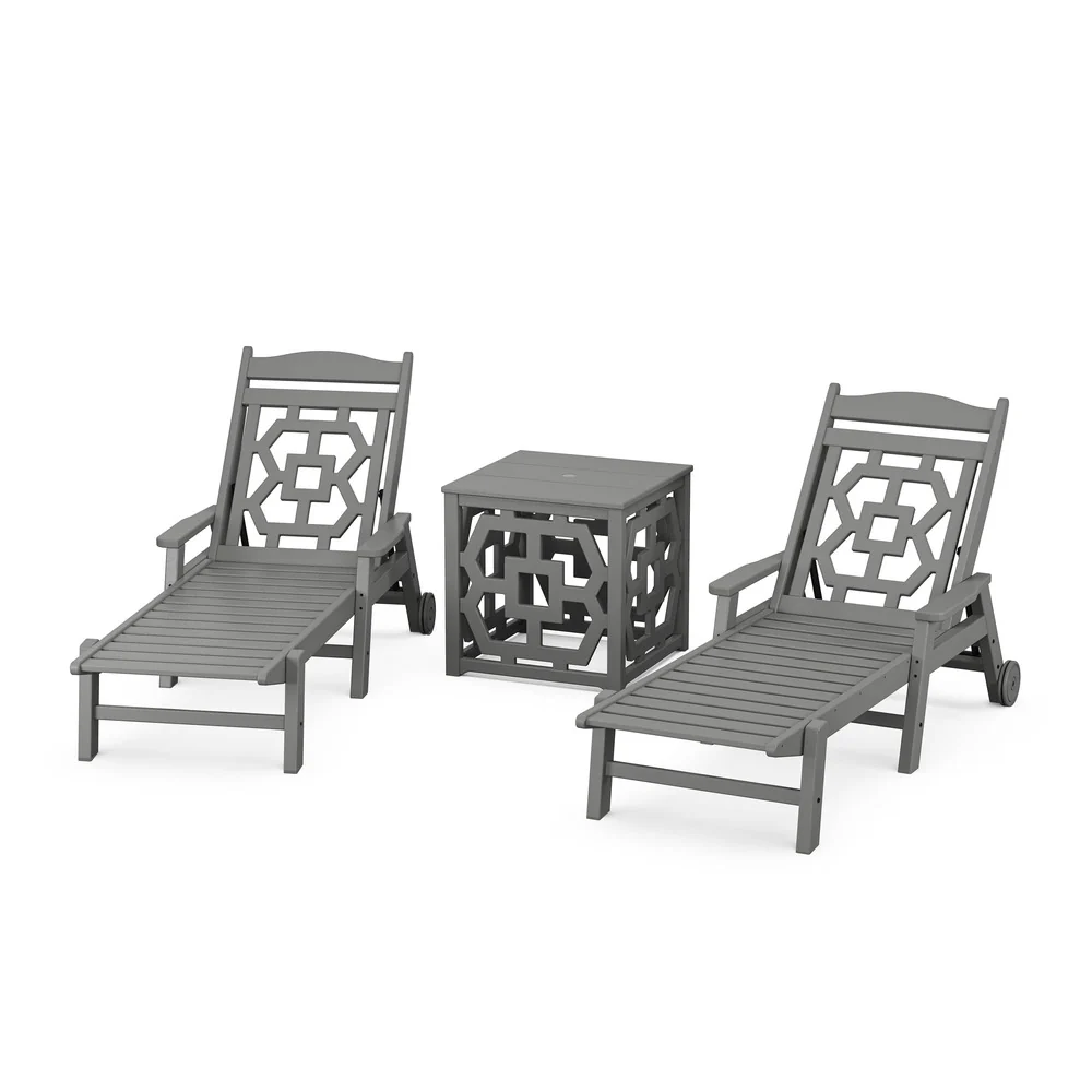 POLYWOOD® Chinoiserie 3-Piece Chaise Set with Umbrella Stand Accent Table - PWS2435-1 - Image 2