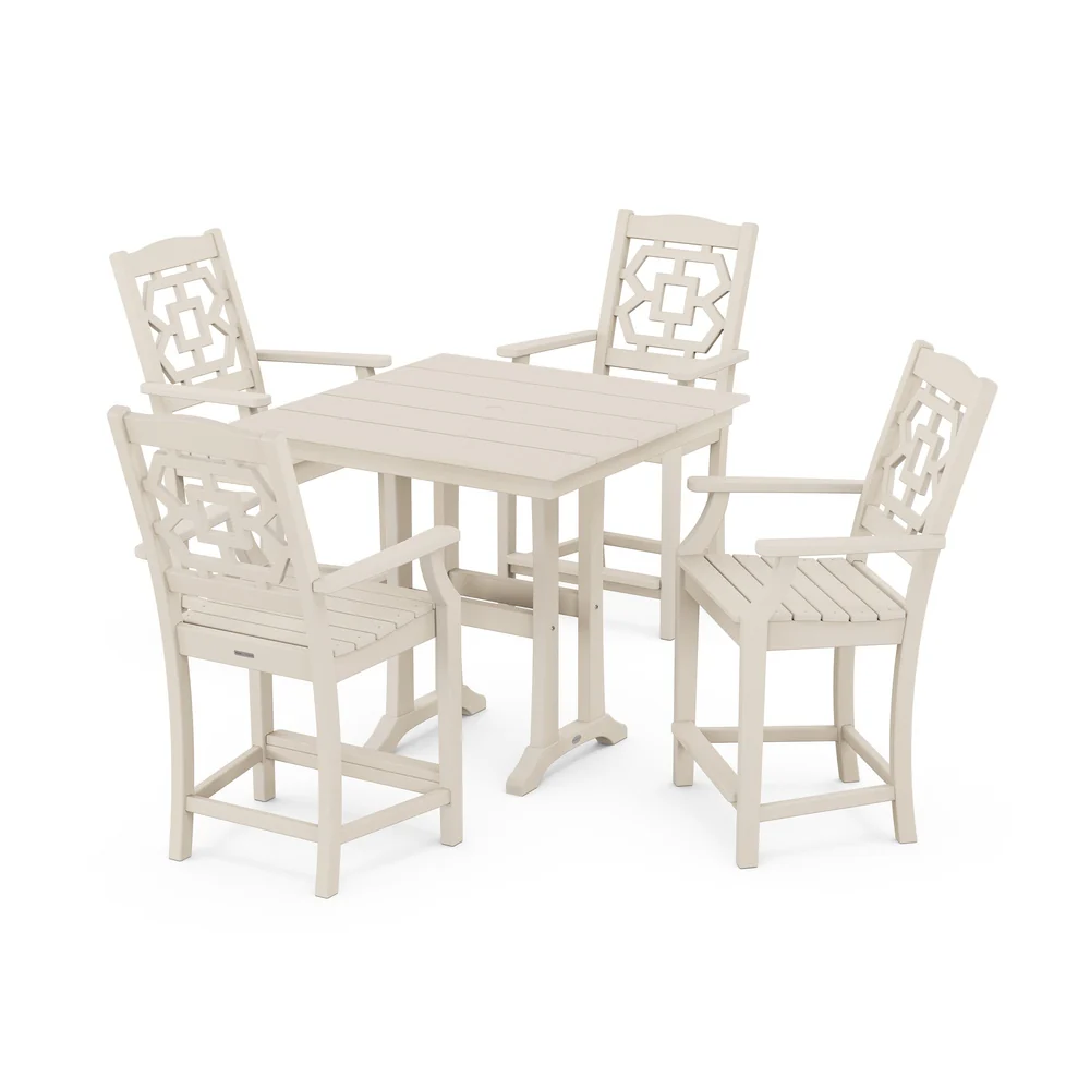 POLYWOOD® Chinoiserie 5-Piece Farmhouse Counter Set with Trestle Legs - PWS1593-1 - Image 7
