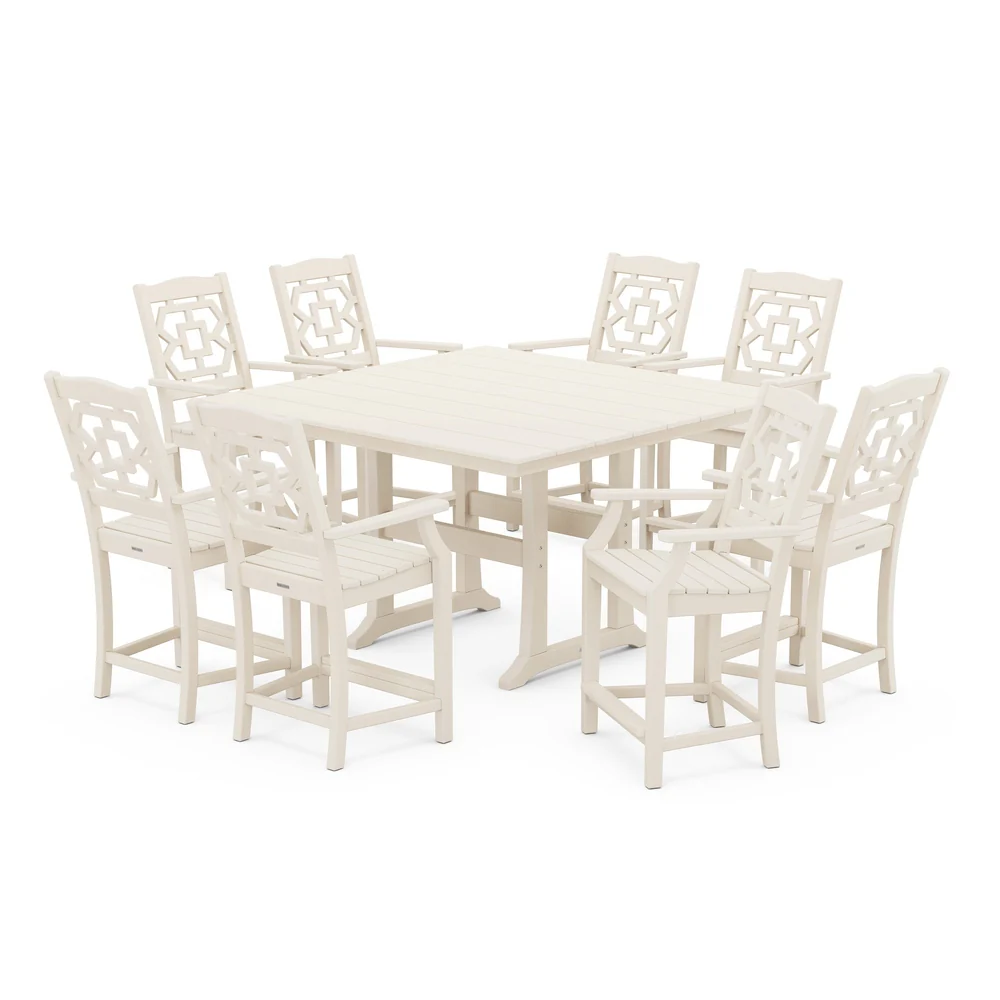 POLYWOOD® Chinoiserie 9-Piece Square Farmhouse Counter Set with Trestle Legs - PWS1597-1 - Image 7