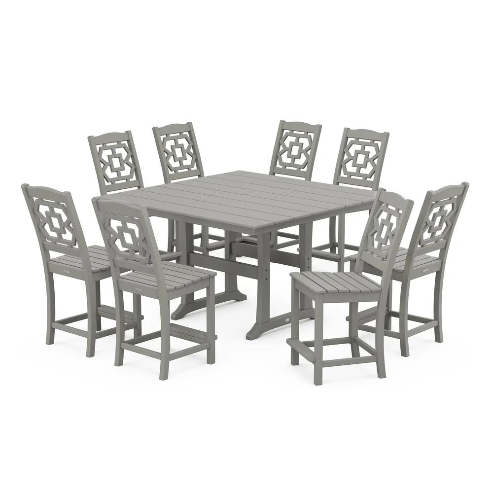 POLYWOOD® Chinoiserie 9-Piece Square Farmhouse Side Chair Counter Set with Trestle Legs - PWS1623-1 - Image 2