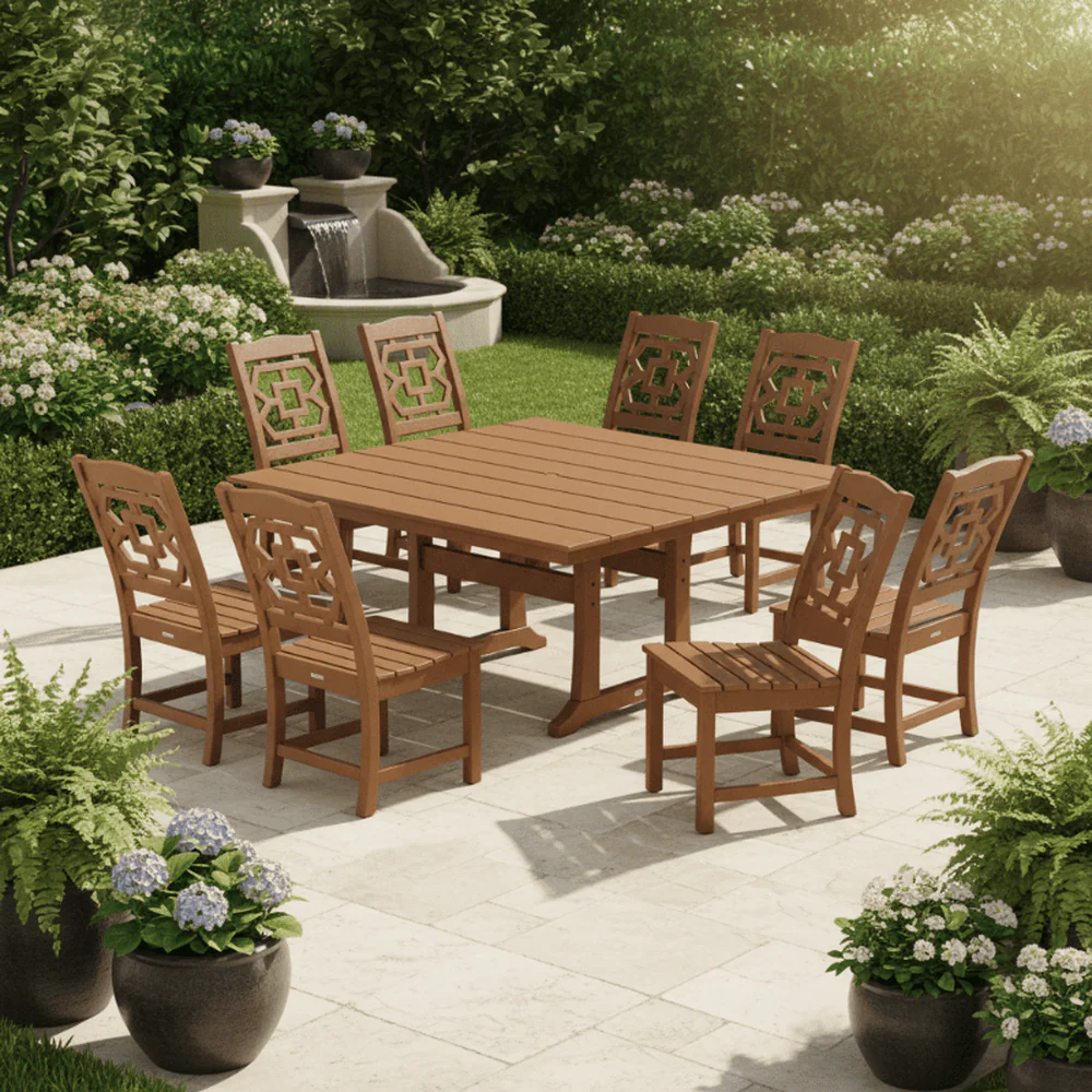 POLYWOOD® Chinoiserie 9-Piece Square Farmhouse Side Chair Dining Set with Trestle Legs - PWS1620-1