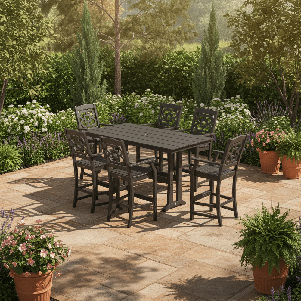 POLYWOOD® Chinoiserie Arm Chair 7-Piece Farmhouse Bar Set with Trestle Legs - PWS1607-1