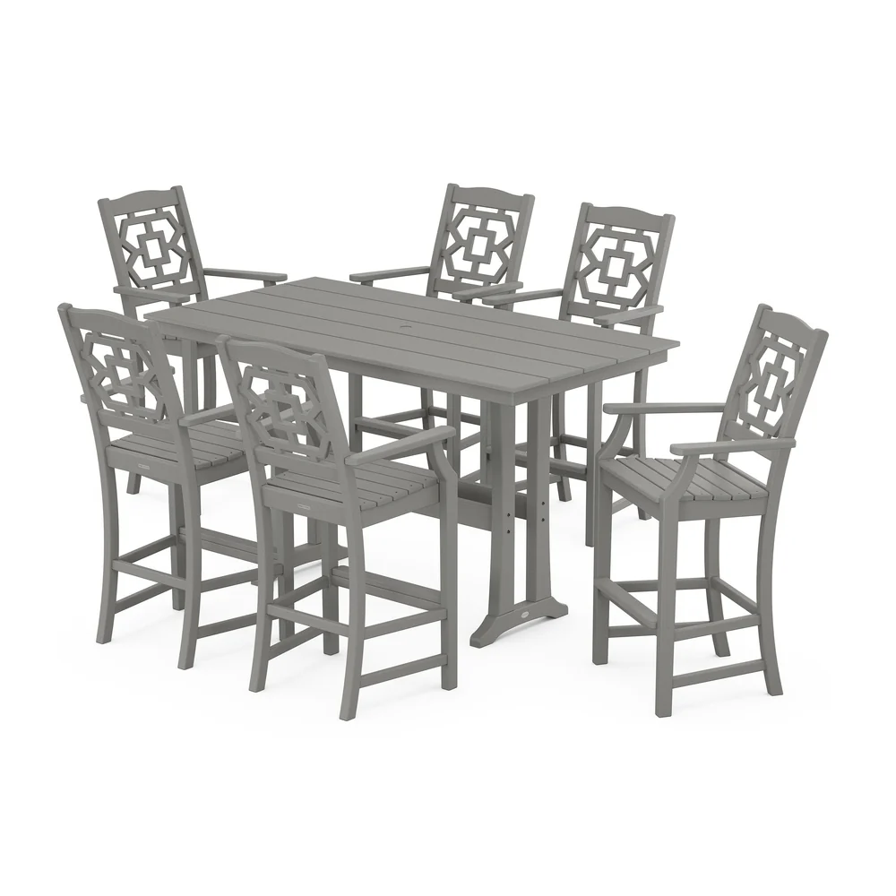 POLYWOOD® Chinoiserie Arm Chair 7-Piece Farmhouse Bar Set with Trestle Legs - PWS1607-1 - Image 2